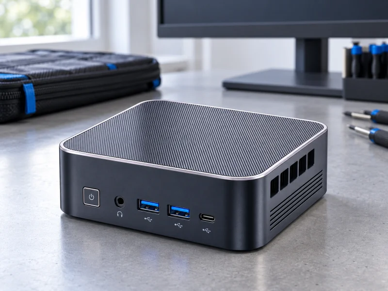插图:Dark graphite mini PC with finely lined top on a workbench