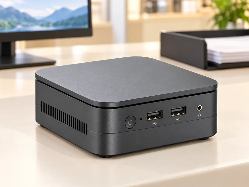 Illustratie: Dark grey mini PC with black lid gap and two black USB-A ports on a counter