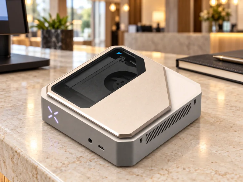 插图：Champagne and gunmetal edge AI mini PC with transparent top window on a counter in the UK