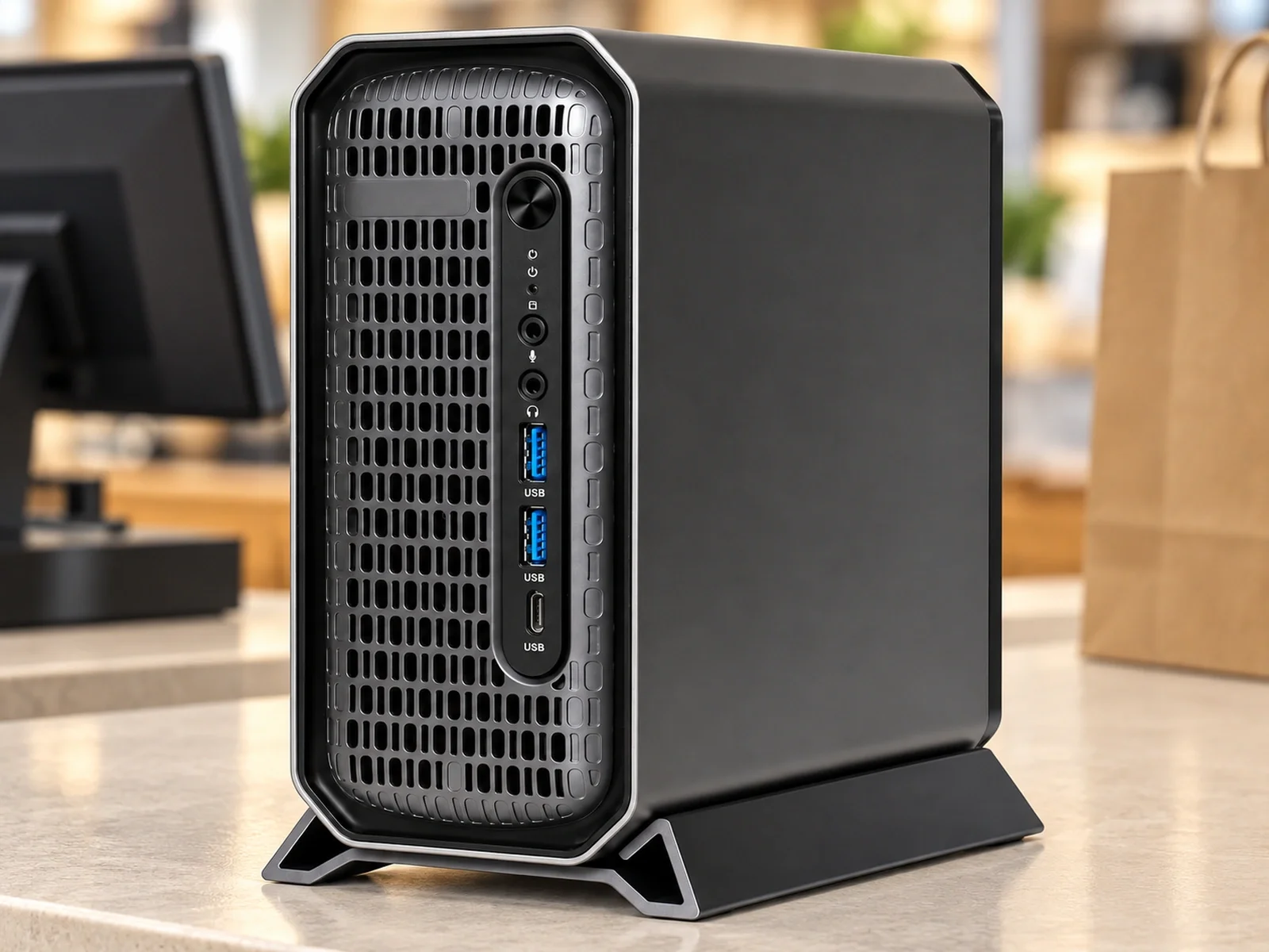 Ilustrasi: Upright black compact workstation on a retail checkout counter