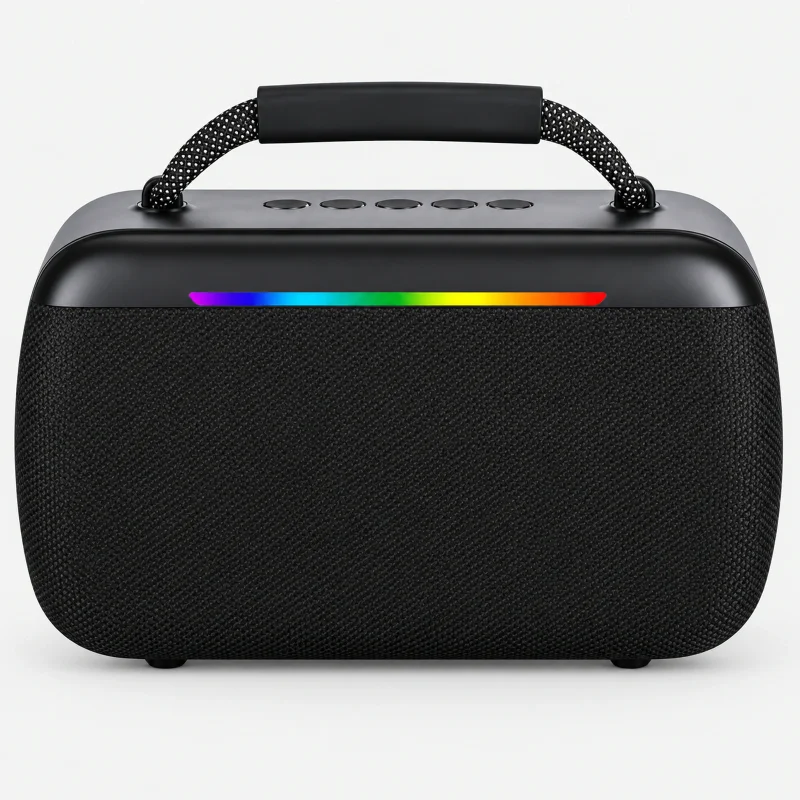 Black portable mesh speaker on a light studio background