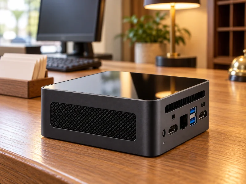插图:Compact black glossy-top mini PC on a counter