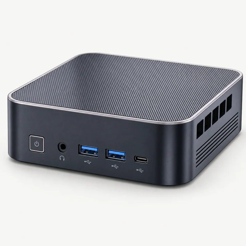 Dark graphite mini PC with finely lined top on a light studio background