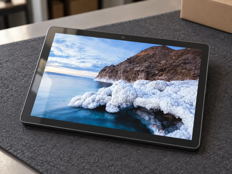 Illustration: grey 13.3inch tablet on a counter in Singapore