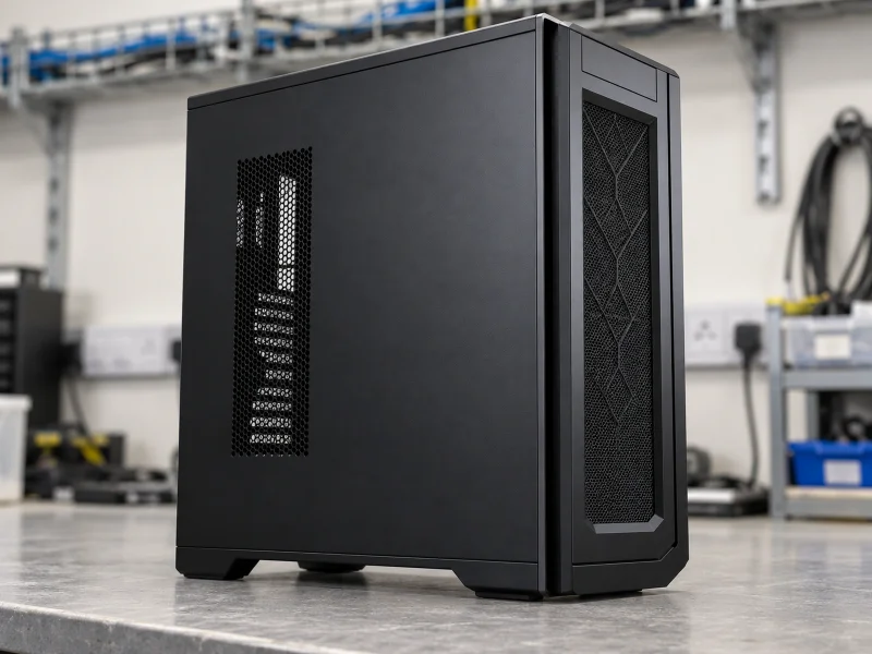 Ilustrasi: Black tower workstation with narrow side vent and geometric front mesh on a workbench in the UK