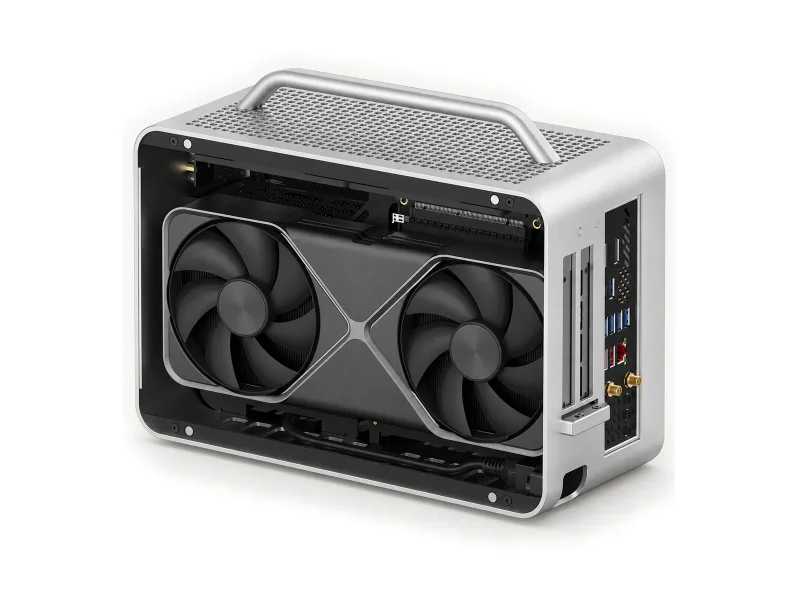 Silver carry-handle compact workstation with visible dual-fan graphics card on a light studio background