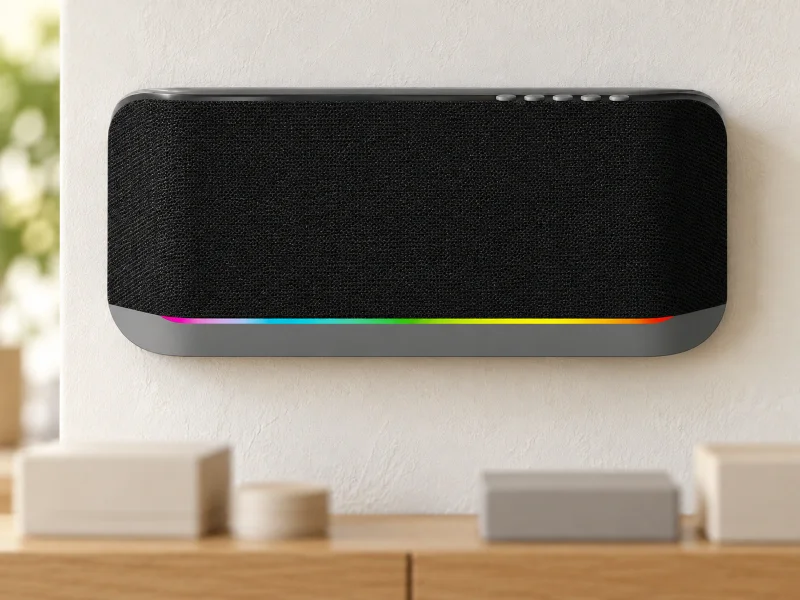 Ilustrasi: Black oblong wall speaker with gray lower base and thin rainbow light line on a wall in Malaysia