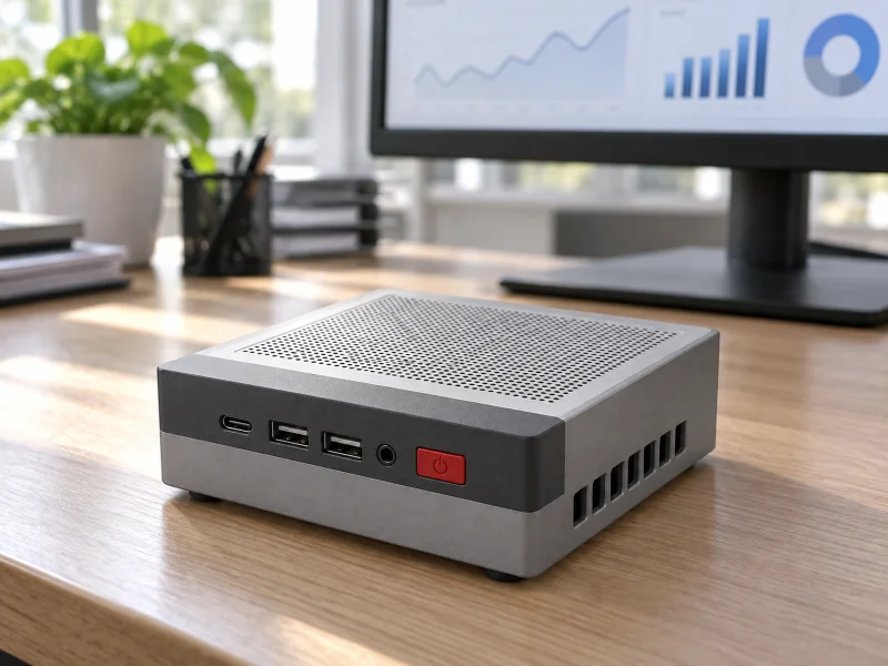 Illustration: Grey compact desktop mini PC with red power button on a desk