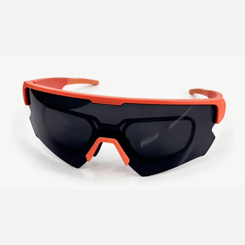 Coral orange sports audio glasses with dark wraparound lenses on a light studio background