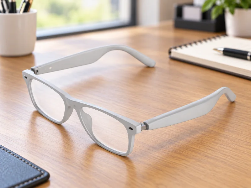 Illustratie: Pale grey rectangular audio glasses with clear lenses on a desk in the UK