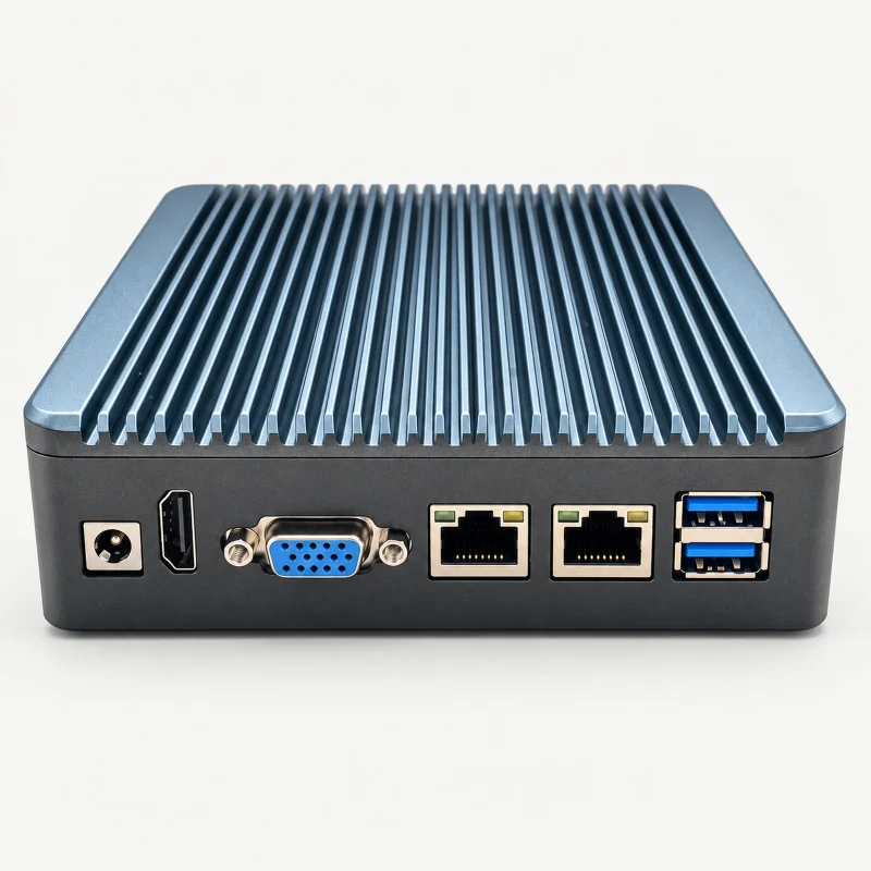 Compact graphite fanless mini PC with blue-gray finned top and dual Ethernet on a light studio background