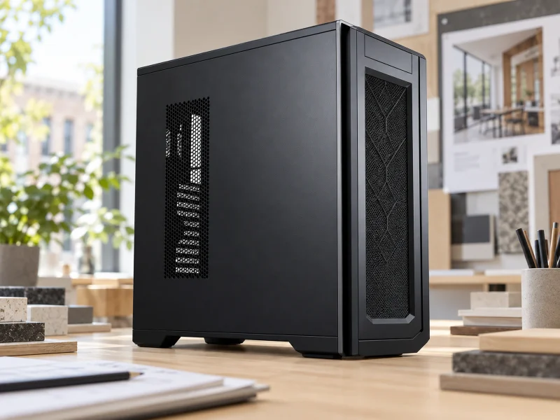 Ilustrasi: Black tower workstation with narrow side vent and geometric front mesh on a workbench in the Netherlands