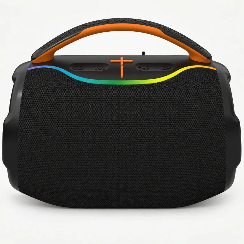 Black compact speaker with an orange-lined carry handle and rainbow edge light on a light studio background