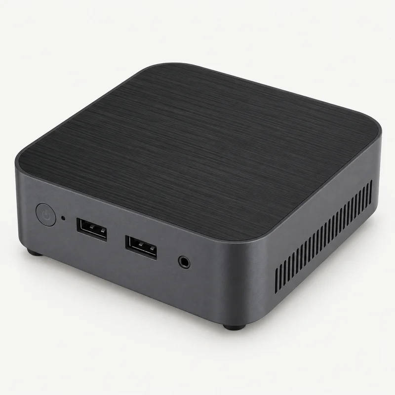 Dark grey mini PC with fine-lined black top and two black USB-A ports on a light studio background