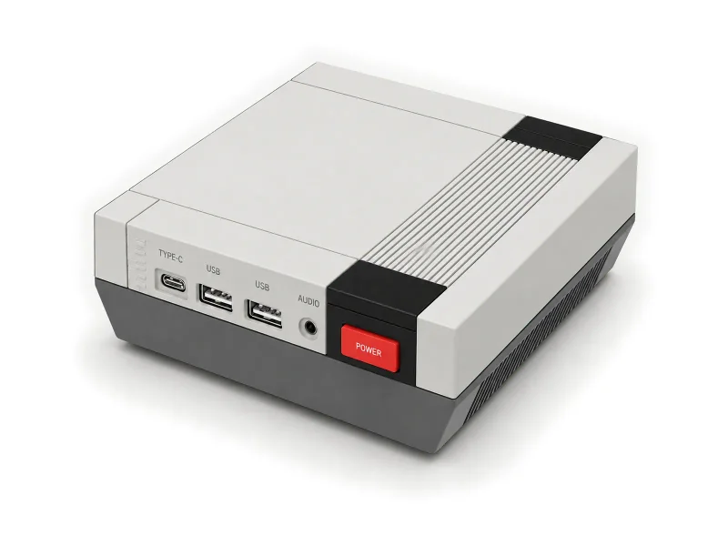 Retro console-shaped off-white and dark-gray mini PC with red power button on a light studio background
