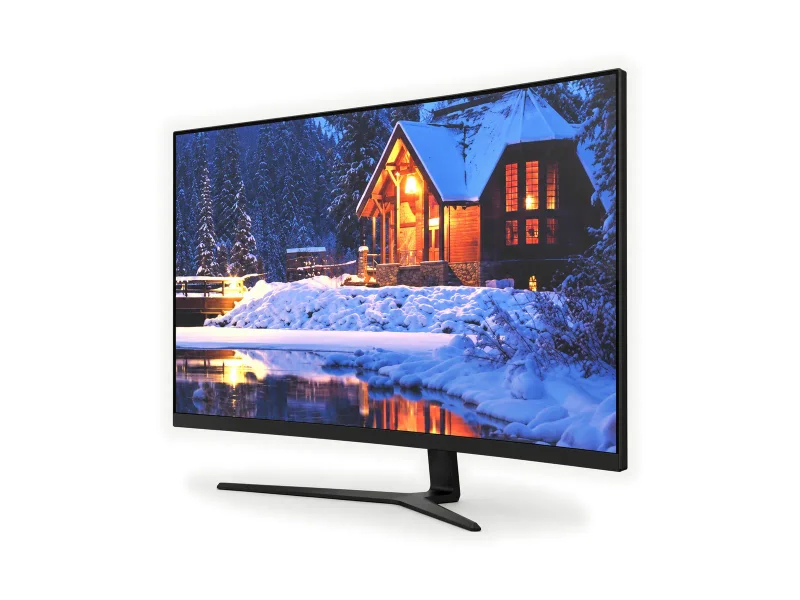 Black thin-bezel desktop monitor with an angular stand on a light studio background