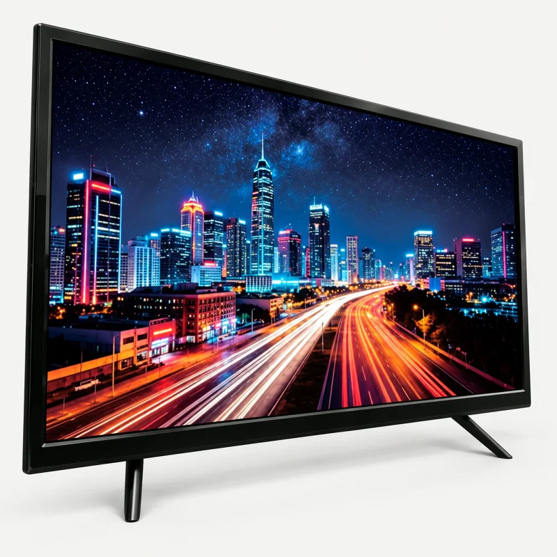 Black desktop monitor with two separated feet on a light studio background