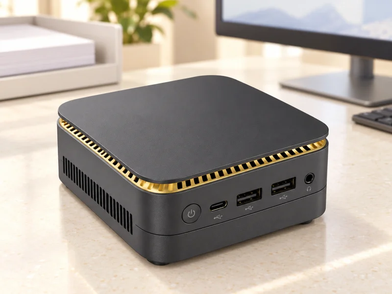 Illustratie: Dark grey mini PC with gold vented lid edge and USB-C front port on a counter
