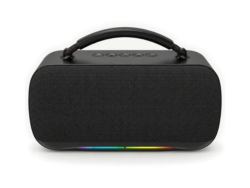 Black portable speaker with an arched carry handle and lower rainbow light strip on a light studio background