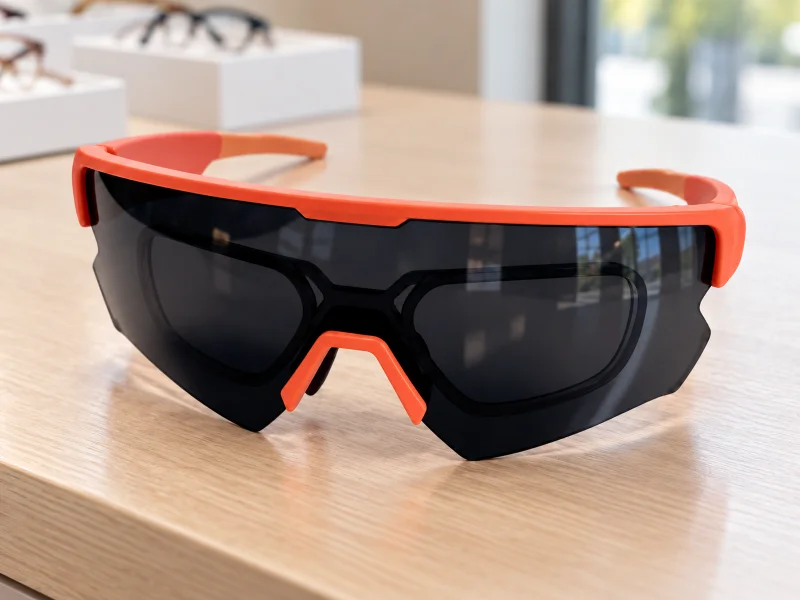 插图:Coral orange sports audio glasses with dark wraparound lenses on a desk in the Netherlands
