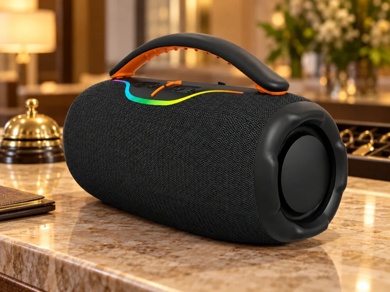 Illustratie: Black barrel speaker with an orange-lined carry handle and top rainbow strip on a UK hotel service desk