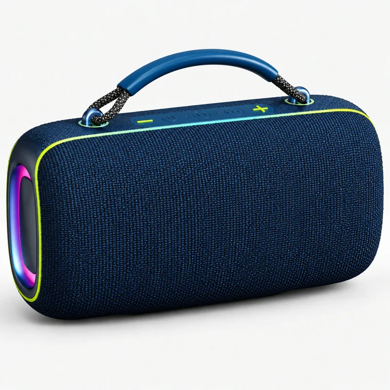 Navy rounded rectangular portable speaker with braided carryhandle on a light studio background