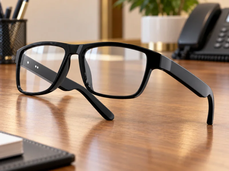 Illustratie: Black rectangular audio glasses with clear lenses on a desk in the UK