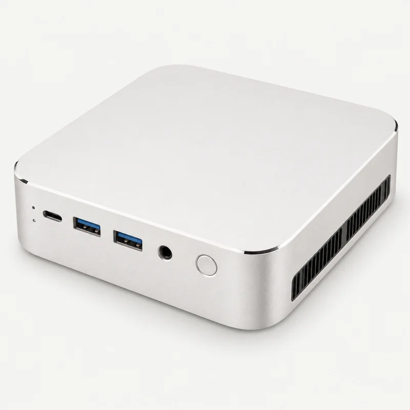 White and silver mini PC on a light studio background