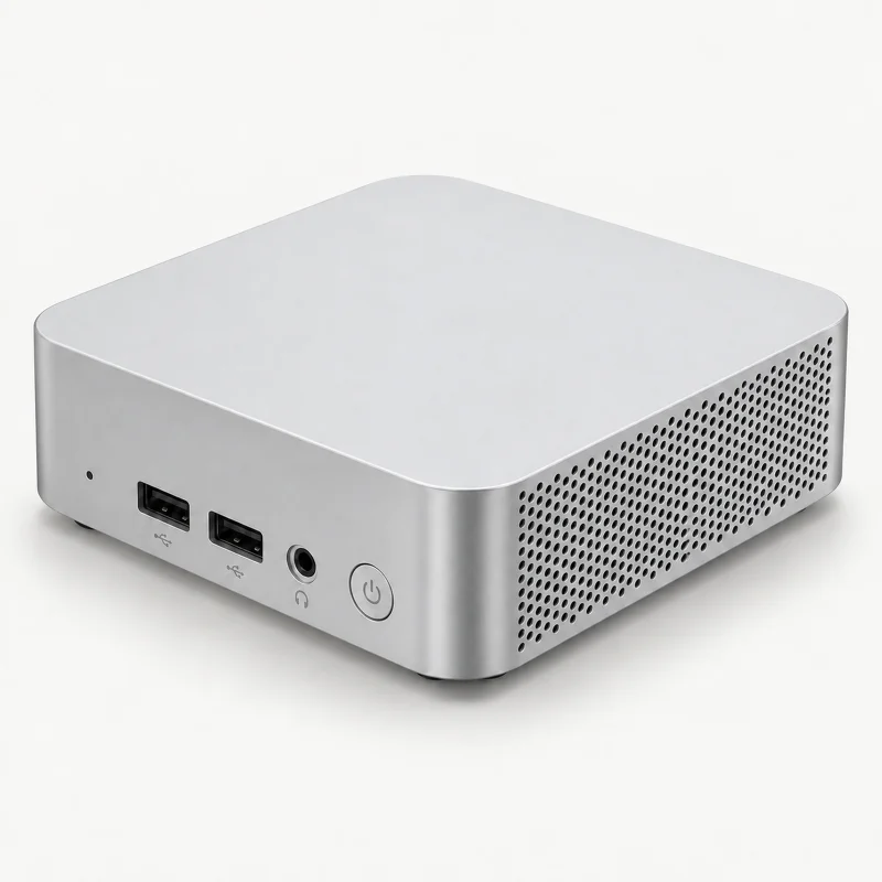 Pale silver mini PC with round perforated side panel on a light studio background