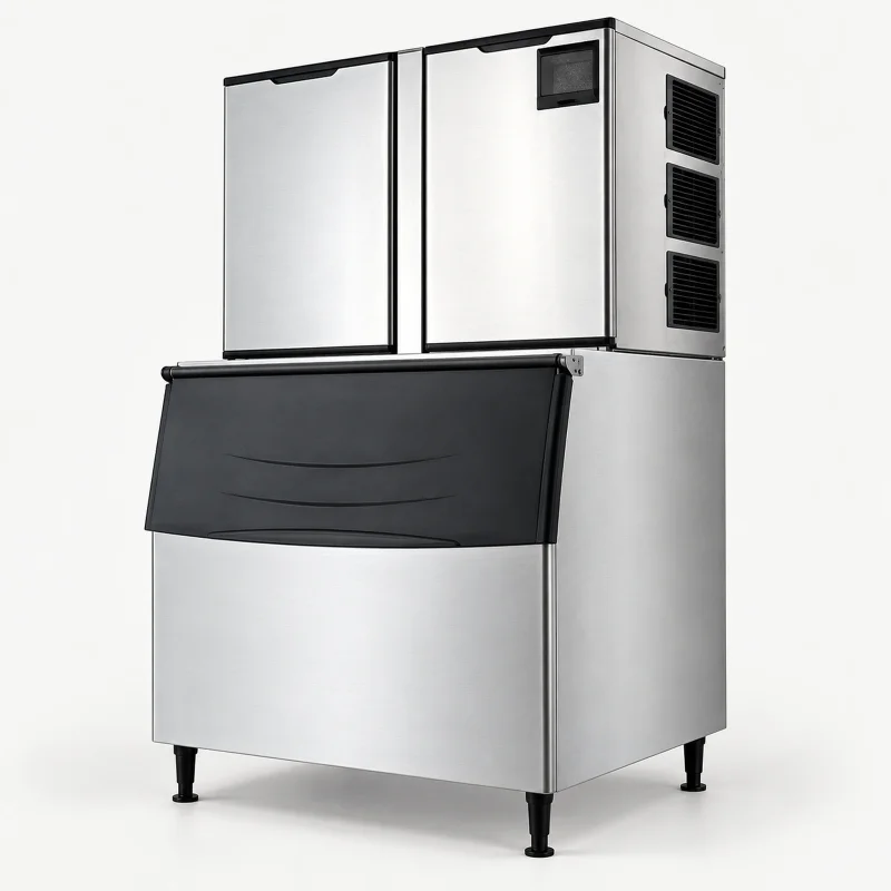 Wide modular stainless cube ice maker on a light studio background