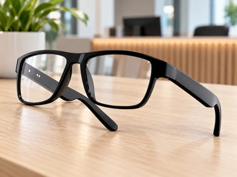 Illustratie: Black rectangular audio glasses with clear lenses on a counter in the Netherlands
