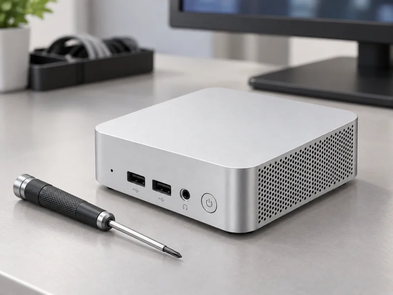 插图:Pale silver mini PC with round perforated side panel on a desk