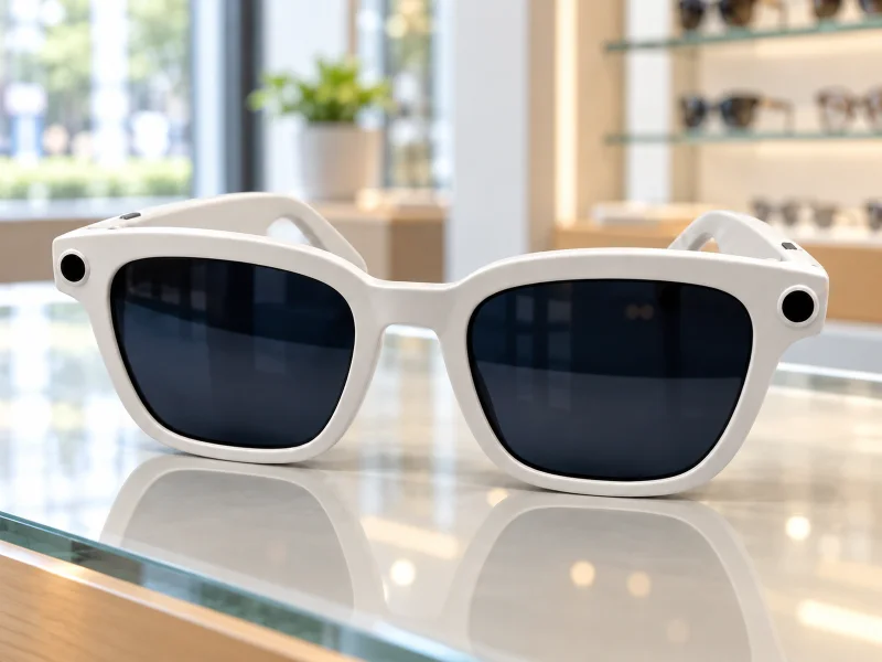 Illustratie: White camera sunglasses with dark lenses on a counter in Singapore