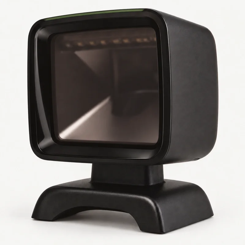 compact fixed desktop barcode scanner on a light studio background