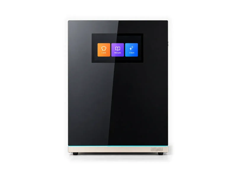 Countertop enclosed cooking robot on a light studio background