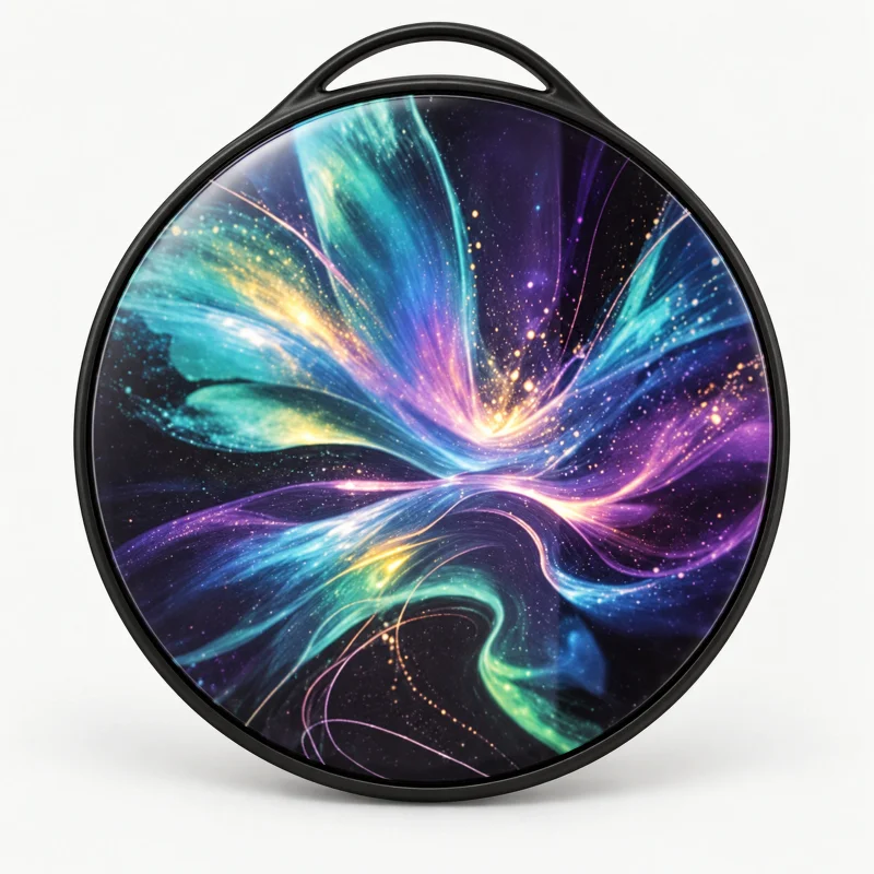 Black round electronic badge with abstract colour swirl display on a light studio background