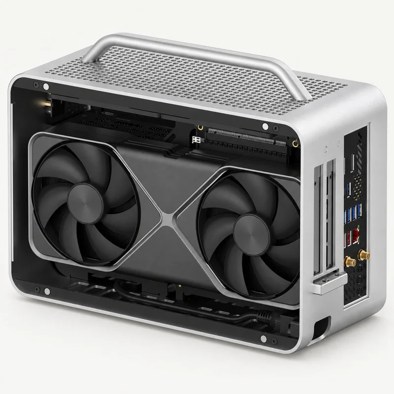 Silver carry-handle compact workstation with visible dual-fan graphics card on a light studio background