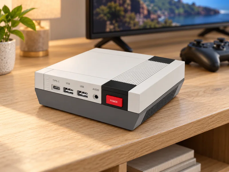 插图:Retro console-shaped off-white and dark-gray mini PC with red power button on a desk in the UK