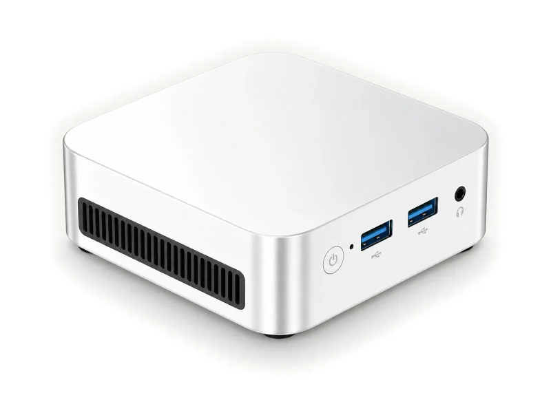 Bright pale silver mini PC with blue USB-A ports and left slatted vent on a light studio background