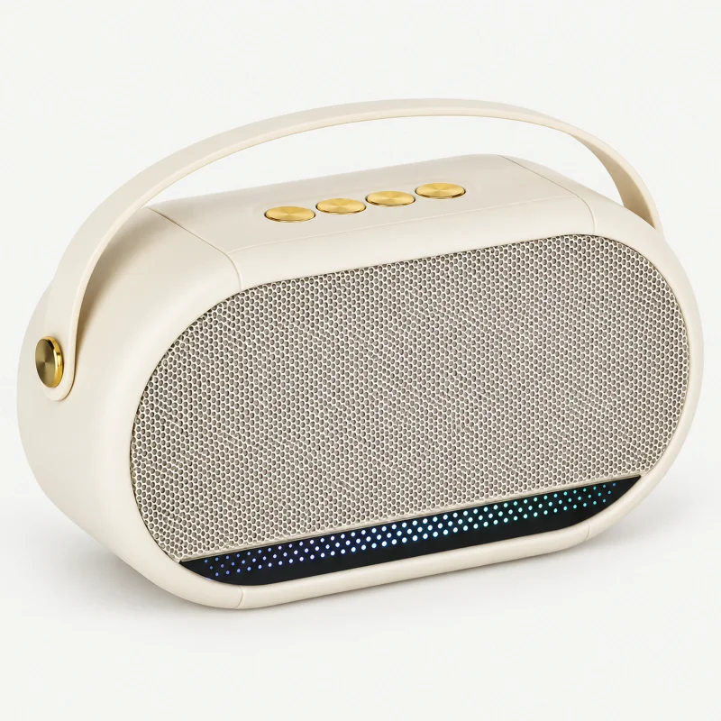 Ivory oval portable speaker with warm-silver grille and low carry strap on a light studio background
