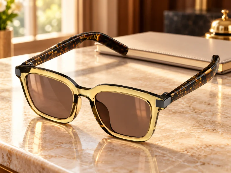 Ilustrasi: Champagne-frame smart sunglasses with brown lenses and tortoiseshell temples on a desk in the UK