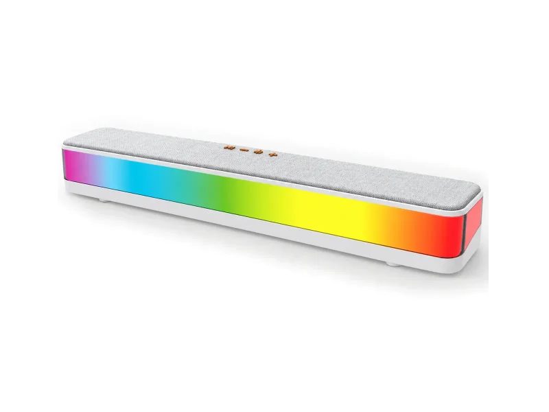 Slim white and gray speaker bar with broad rainbow front panel on a light studio background