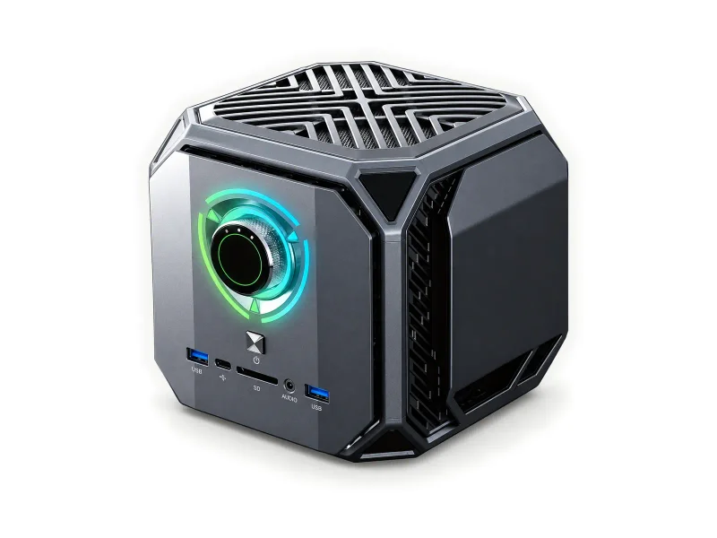 Gunmetal armored cube mini PC with circular RGB mode dial on a light studio background