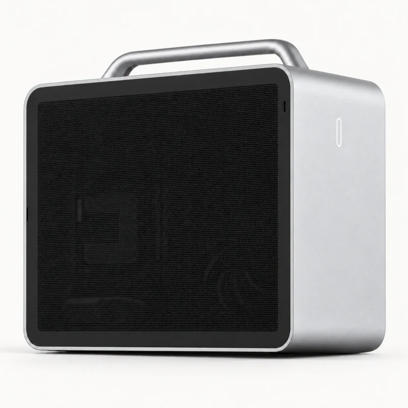 Silver handled workstation with black mesh cover on a light studio background