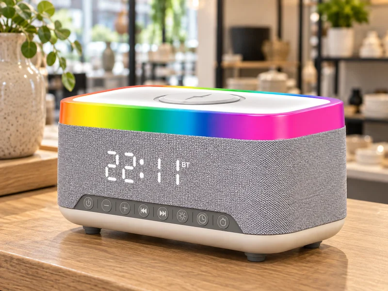 Ilustrasi: Grey fabric clock speaker with rainbow top light and white charging target on a counter in the Netherlands