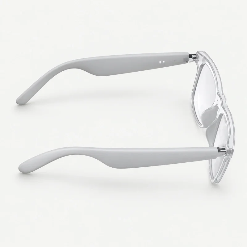 Light grey audio glasses with clear lenses on a light studio background