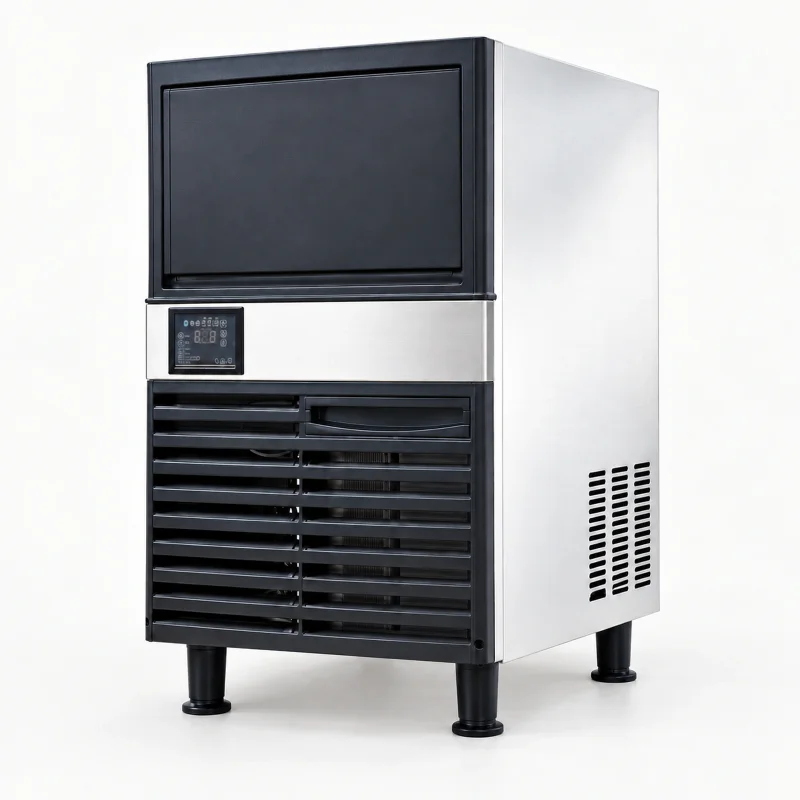 Compact stainless cube ice maker on a light studio background