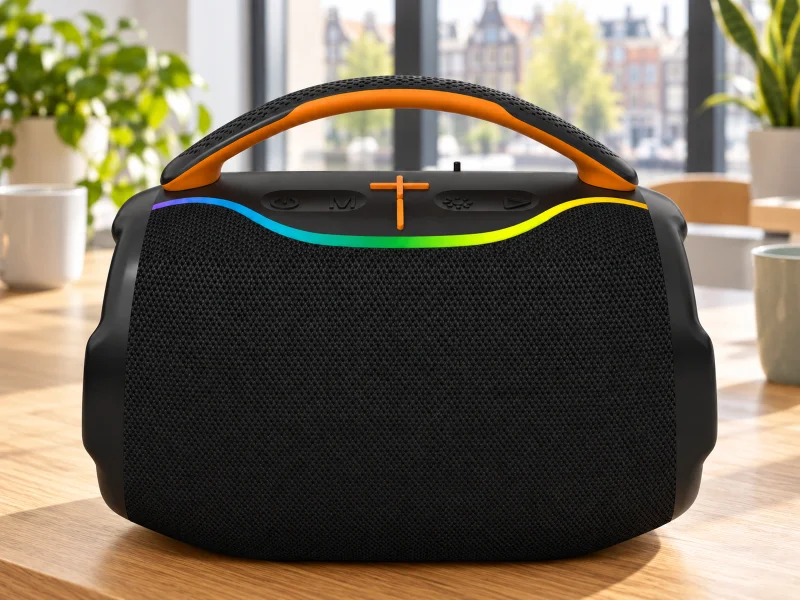 Ilustrasi: Black compact speaker with an orange-lined carry handle and rainbow edge light in a Netherlands office break table