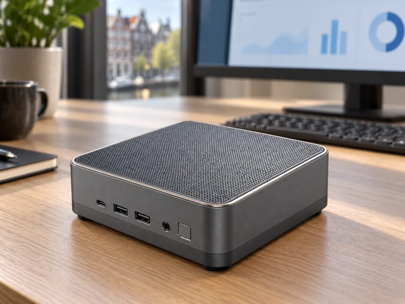 Illustratie: Grey mini PC with fine perforated top grille on a desk