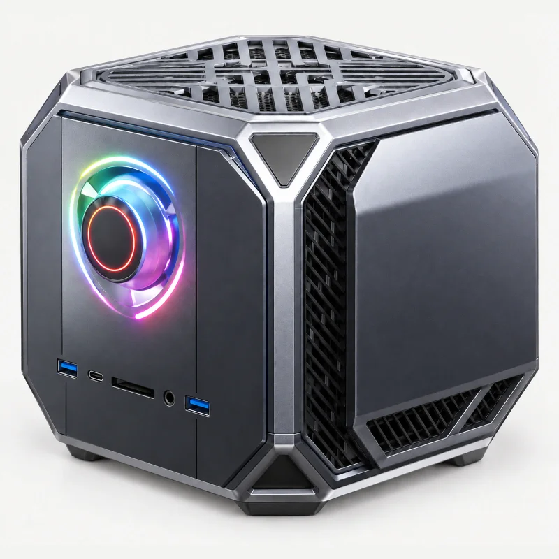 Compact silver and charcoal workstation with illuminated fan on a light studio background